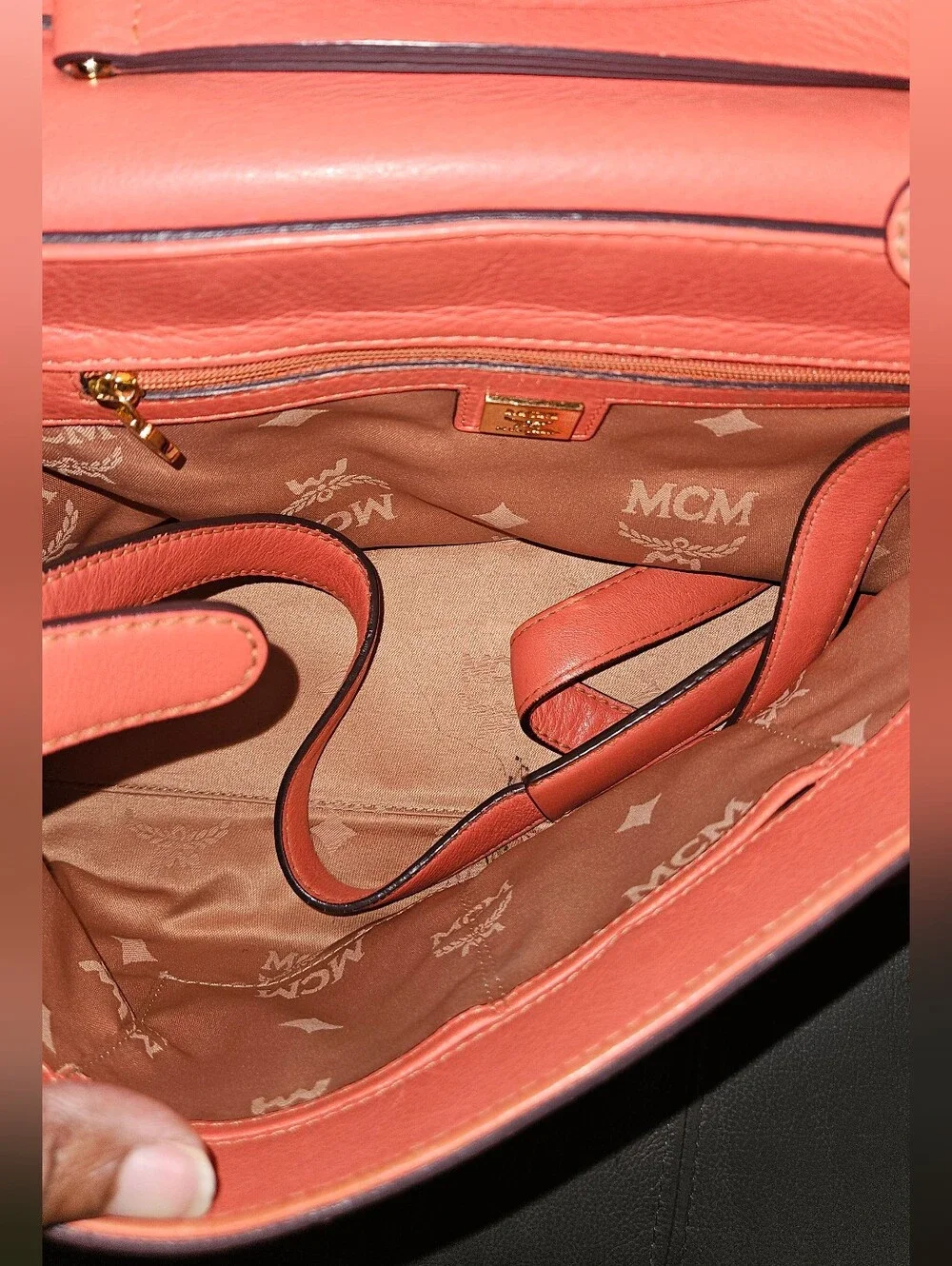 MCM Coral Orange Leather Top-Handle Satchel with Strap
